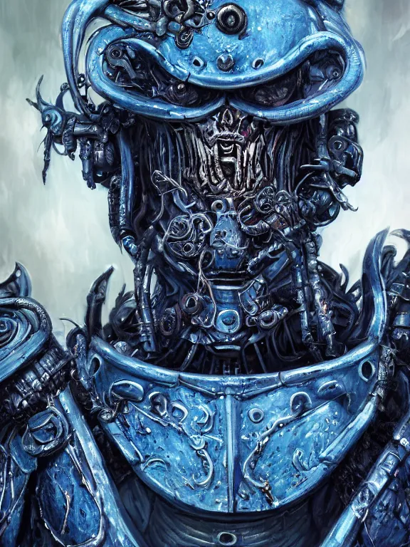 Prompt: portrait art of 8k ultra realistic undead eldritch horror space marine blue , detailed intricate ornate armour,decaying, cybernetic, full of colour, cinematic lighting, battered, trending on artstation, 4k, hyperrealistic, focused, extreme details,unreal engine 5, cinematic, masterpiece, art by ayami kojima, giger