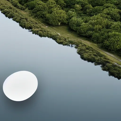 Prompt: the white egg shape fits and intersects to form a cloud like building on the water surface
