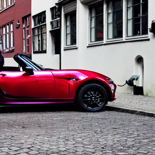 Image similar to a red haired danish man drives a mazda mx-5 down a street in copenhagen