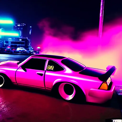 Image similar to a car S30 turbo drift at illegal car meet, shibuya prefecture, sunset night mist neon lights, cinematic color, photorealistic, highly detailed wheels, highly detailed