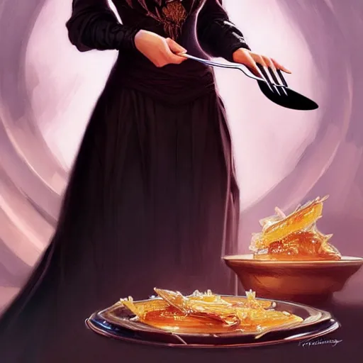 Image similar to very cute Miranda Kirr eating fork covered in honey wearing black-crimson silk dress, D&D, fantasy, intricate, elegant, highly detailed, digital painting, artstation, concept art, matte, sharp focus, illustration, hearthstone, art by Artgerm and Greg Rutkowski and Alphonse Mucha