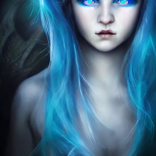 Image similar to The dragon girl portrait, portrait of young girl half dragon half human, dragon girl, dragon skin, dragon eyes, dragon crown, blue hair, long hair, highly detailed, cinematic lighting, Matte painting by David Lynch