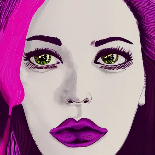 Image similar to illustration of a woman with pink hair and purple eyebrows in the style of natalie foss