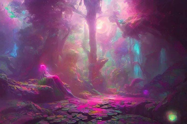 Image similar to a psychedelic realm hidden away in a pocket of ethereal understanding astral beings sharing love greg rutkowski wlop lisa frank bob ross ruan jia illustration