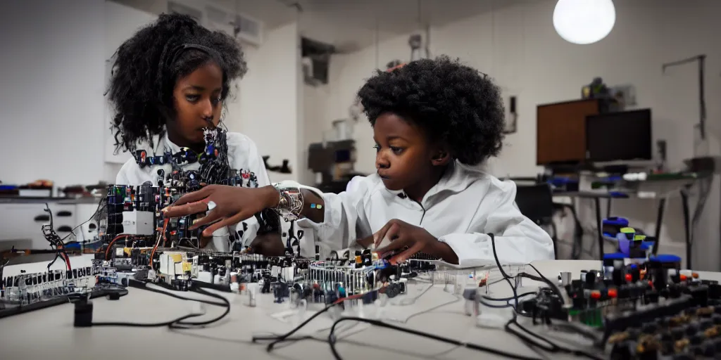 Prompt: a black girl kid scientist constructing a diy analogic synthsizer xenomorphic arduino with a lot of button potenciometers and xenomorphic iron cables in a room, photorealistic, ultra detailed, 4 k, chomatic aberration, dof