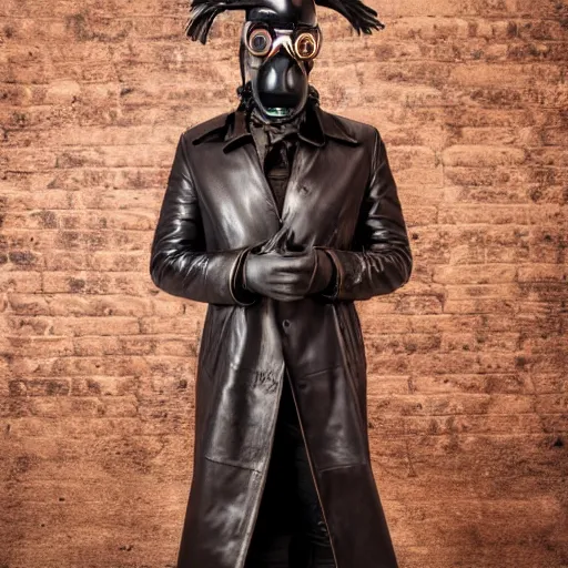 Prompt: anthropomorphic goose wearing steampunk leather goggles, leather facial mask, a long leather coat, dramatic lighting, full body shot, sigma 5 0 mm