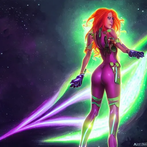 Image similar to ultra realistic illustration, bella thorne as starfire anime with glowing green eyes, intricate, elegant, highly detailed, digital painting, artstation, concept art, smooth, sharp focus, illustration, art by artgerm and greg rutkowski and alphonse mucha