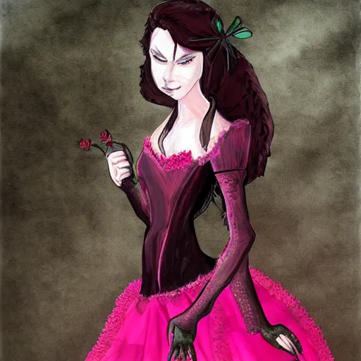 Prompt: the vampire princes in a cute pink frilly dress. digital art