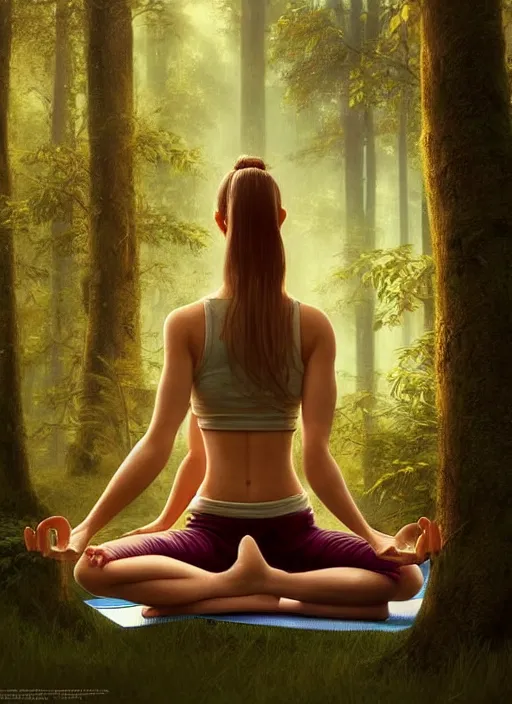 Image similar to young woman sitting in yoga pose : : forest nature : : weta disney pixar movie still photo : : decadent highly - detailed digital painting, full length shot, golden ratio, octane render, artstation, smooth, sharp focus, artgerm, mucha, loish, wlop, gogo