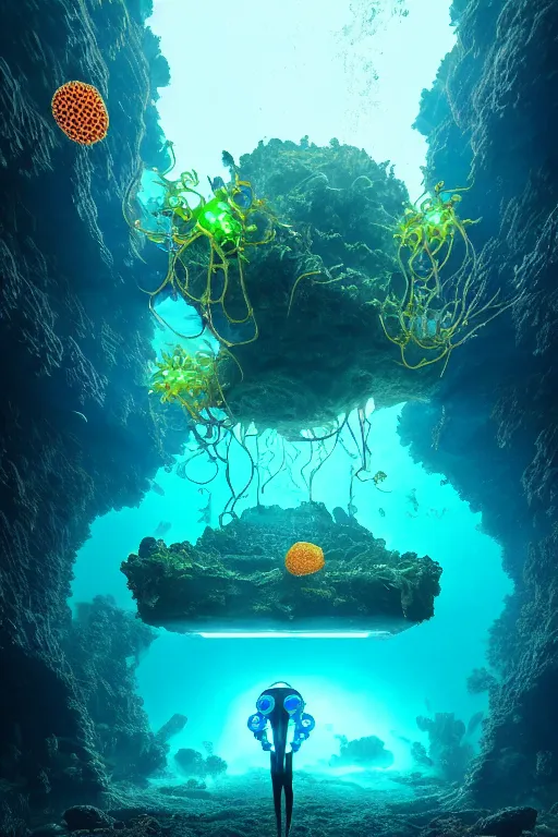 Prompt: high quality photo of cinematic underwater dystopian cyber - rococo city ruins with giant bioluminescent colorful mutant plants and cyborg jellyfish, digital art masterpiece, aykut aydogdu eric zener, dramatic volumetric light, extreme long shot, ground angle uhd 8 k, deep focus