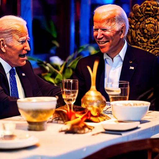 Image similar to Trump and Biden having dinner at a fancy Balinese restaurant, award winning photography, sigma 85mm Lens F/1.4, blurred background, perfect faces