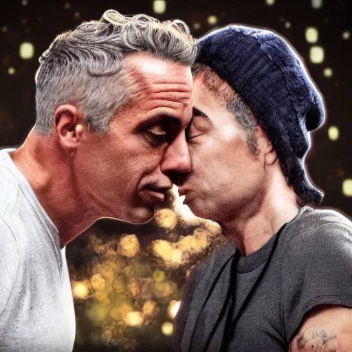 Prompt: Jordan Peterson and Joe Rogan kissing, photo, hyper-realistic, artstation, paparazzi, candid, photorealistic, 4k