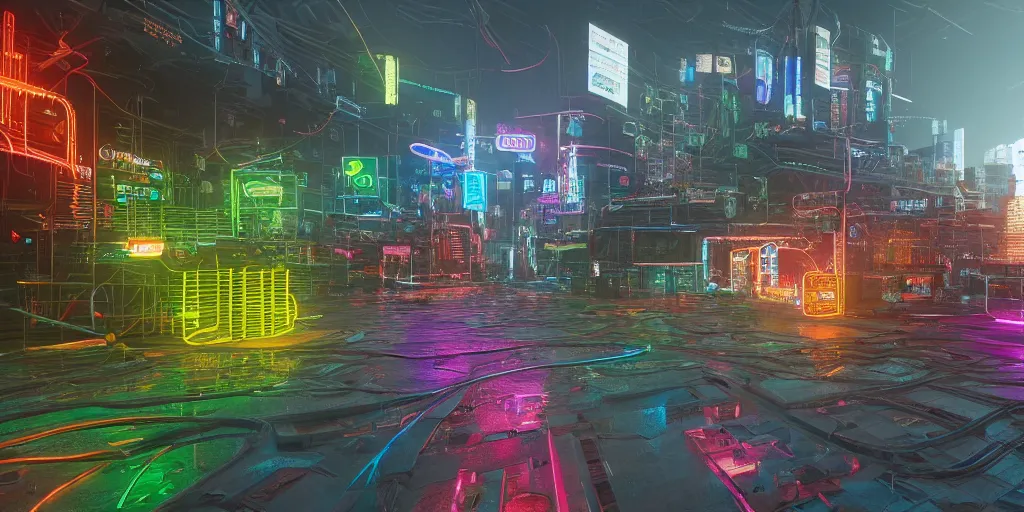 Prompt: seamless tileable 3D HDRI rainbow circuitry, 4K unreal engine, insanely detailed, intricate technology cyberpunk