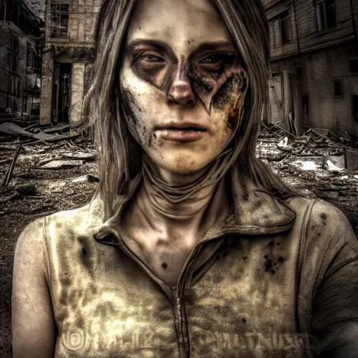 Prompt: pretty face, wide angle lens, photorealistic, 4k, background of destroyed city post apocalyptic, steakpunk, soft lighting, portrait, style of giger, GIGER, horror alien giger