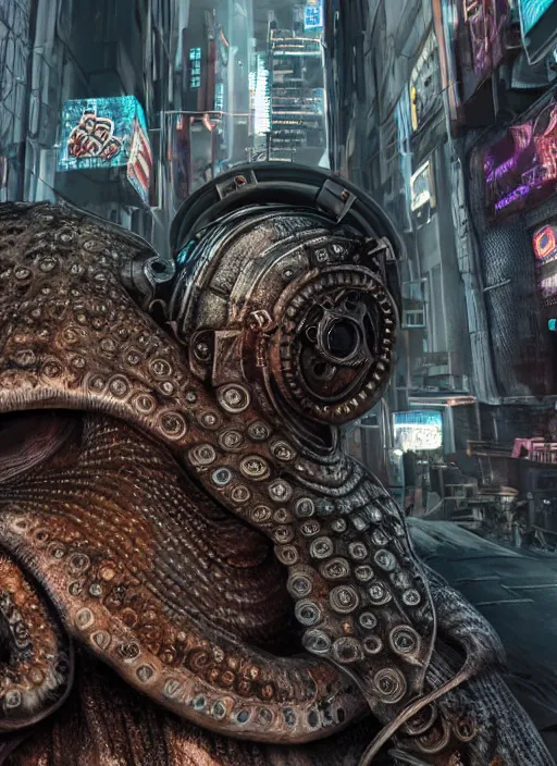 Image similar to hyperrealism, detailed textures, photorealistic 3 d cyberpunk octopus in apocalyptic city, futuristic clothing and helmet, ultra realistic, cinematic, intricate, cinematic light, unreal engine 8 k