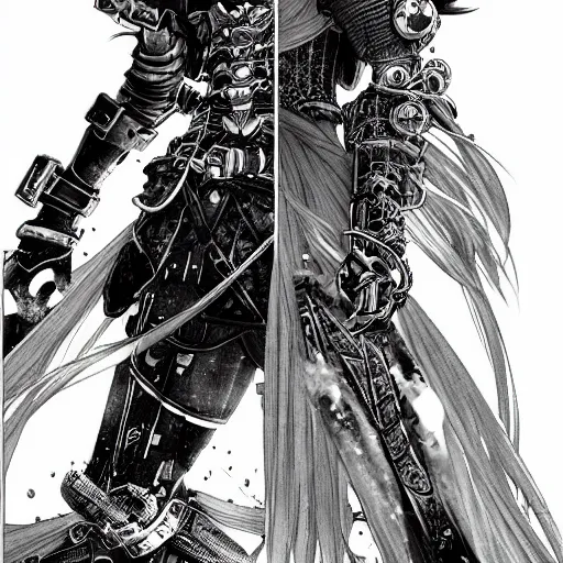 Image similar to a vertical portrait of an anime character in a scenic environment by yoshitaka amano and nihei tsutomu, black and white, dreamy, steampunk armor, highly detailed