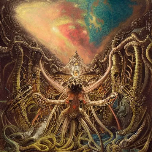 Prompt: muscular eldritch radiating town fractal shimmering phantasm, by h. r. giger and esao andrews and maria sibylla merian eugene delacroix, gustave dore, thomas moran, pop art, chiaroscuro, biopunk, art nouveau