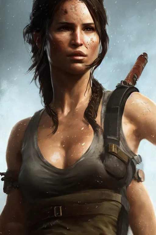 Image similar to a fancy portrait of Lara croft by Greg Rutkowski, Sung Choi, Mitchell Mohrhauser, Maciej Kuciara, Johnson Ting, Maxim Verehin, Peter Konig, final fantasy , mythical, 8k photorealistic, cinematic lighting, HD, high details, atmospheric,