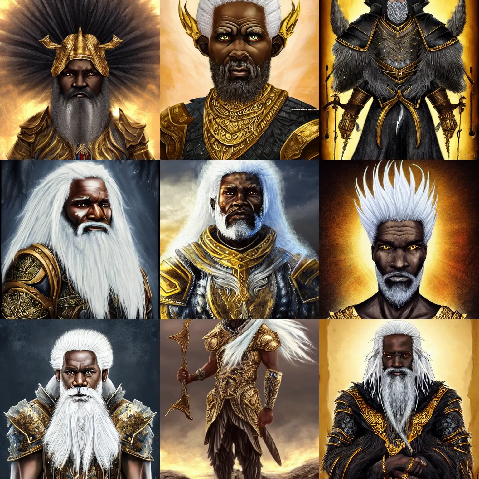 Prompt: black african elder old grizzled odin god with white hair with a godly fade and weathered golden armor, epic fantasy art portrait