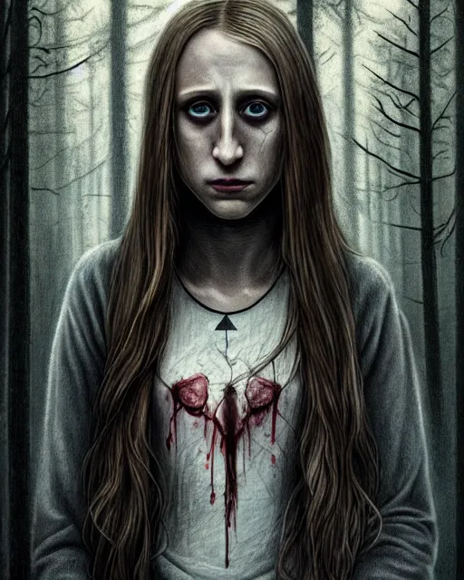 Prompt: gorgeous Taissa Farmiga full body slasher killer holding bloody knife, realistic character concept, spooky, illustration, symmetrical face and body, realistic eyes, cinematic lighting, hyperdetailed, detailed realistic symmetrical eyes, 8k, high resolution, Charlie Bowater, Tom Bagshaw, single face, insanely detailed and intricate, beautiful, elegant, dark forest and trees, vfx, postprocessing