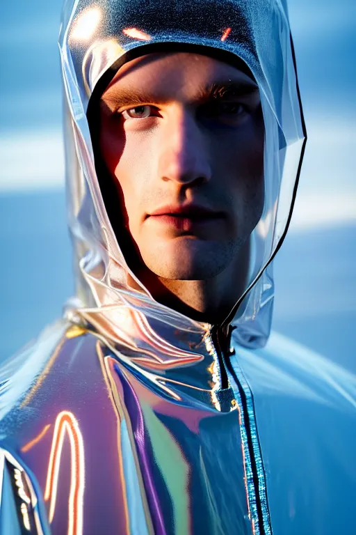 Image similar to an ultra high definition professional high fashion portrait studio full length photograph of a male model wearing a transparent pearlescent raincoat and neon visor in an icelandic black rock environment at dawn. no artefacts. extremely detailed. stark. refraction. shallow depth of field. volumetric light and shadow. ray tracing. light rays.