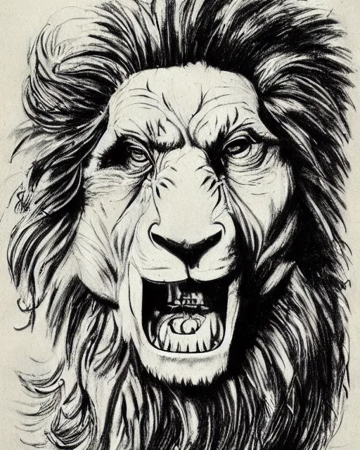 Image similar to a creature with the body and eyes of a man, with the beak of an eagle, the mane of a lion, and the horns of an ox. drawn by frank frazetta