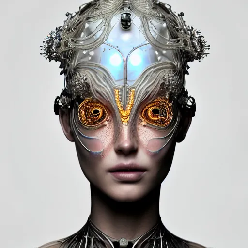 Image similar to portrait of an absurdly beautiful, graceful, sophisticated, fashionable cyberpunk mechanoid, hyperdetailed illustration by irakli nadar, matt wisniewski style, intricate linework, white porcelain skin, iridescent fractal headdress, day - glow facepaint, jellyfish ruff neckware, unreal engine 5 highly rendered, global illumination, radiant light, detailed and intricate environment