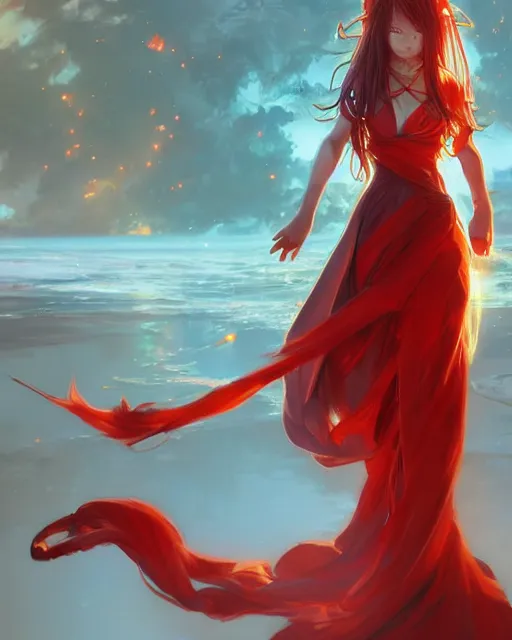 Image similar to red eyed beautiful long haired anime girl, red dress, full body photo, flames everywhere, highly detailed, digital painting, artstation, concept art, smooth, sharp focus, illustration, art by artgerm and greg rutkowski and alphonse mucha