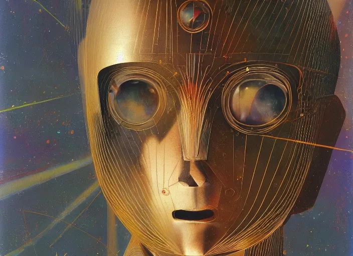 Prompt: a portrait headshot of sci fi metallic human, bright eyes, melancholic complex geometric figure liminal machinery by oskar schlemmer, moebius, john berkey, teamlab, oil on canvas, portrait facial head, featured on artstation, hd wallpaper