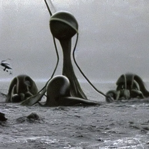 Image similar to close up of the martians attacking thunderchild from war of the worlds, cinematographic shot,