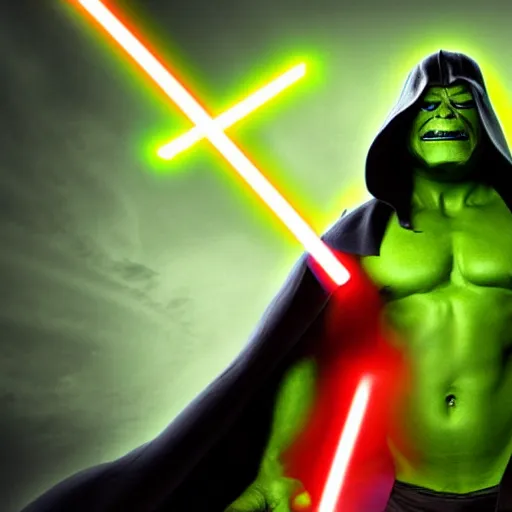 Prompt: sith hulk with dark robe and yellow glowing eyes, green lightning, digital art