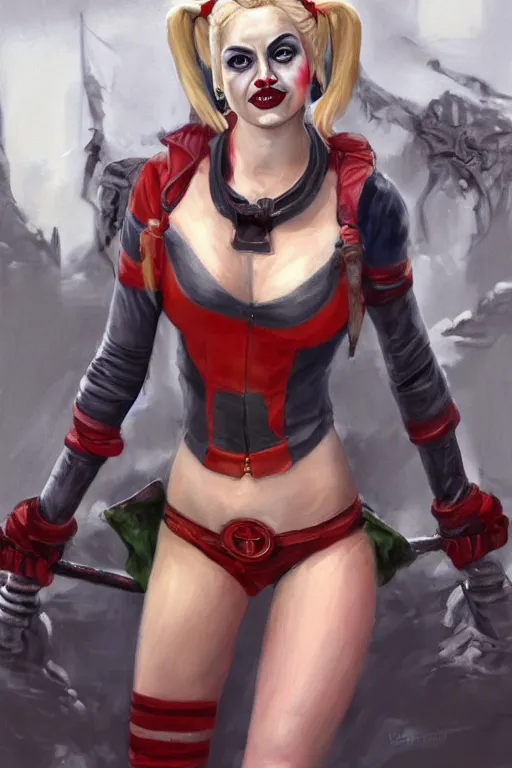 Image similar to a full body high detail fantasy portrait oil painting illustration of harley quinn by justin sweet with face and body clearly visible, in a scenic background, pretty eyes, realistic proportions, d & d, rpg, forgotten realms, artstation trending, high quality, sombre mood, artstation trending, muted colours, entire person visible!