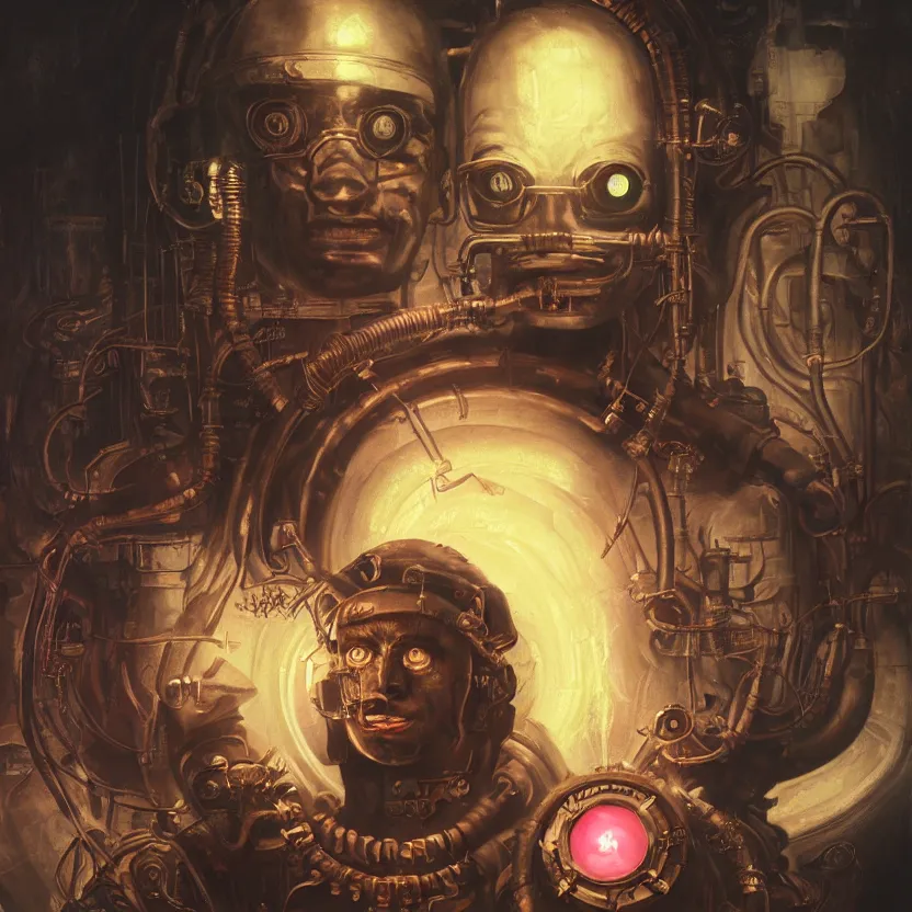 Prompt: neoclassicist close - up sci - fi portrait of a glowing steampunk overlord with giant pink eyes and a brain in a vat. dark black ominous background, glowing atmosphere. highly detailed science fiction horror painting by norman rockwell, frank frazetta, and syd mead. rich colors, high contrast, gloomy atmosphere. trending on artstation and behance.