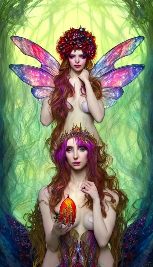 Prompt: a colorful and stunningly beautiful female faerie priestess in amanita muscaria forest landscape, symmetrical wings on back, neon hair, fantasy art, wearing a dress of gossamer gold, dark light night, sharp focus, digital painting, 4 k, concept art, art by charlie bowater and alphonse mucha, brom, face by otto schmidt