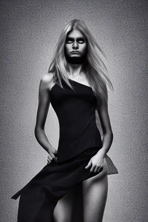 Image similar to very angry female drow envoked by hugo boss for modeling in hugo boss clothes, luxury materials, symmetrical, cinematic, elegant, professional studio light, real dlsr photography, sharp focus, 4 k, ultra hd, sense of awe, high fashion