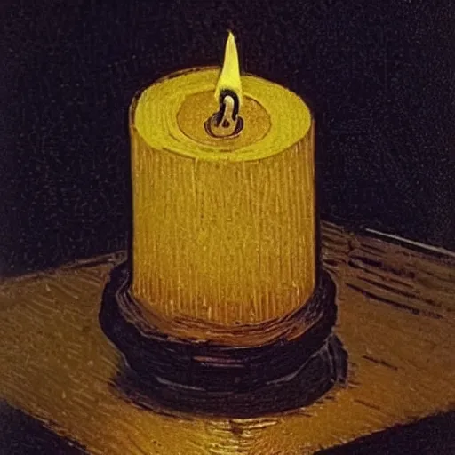 Prompt: candle in the dark, lit on a candle holder, on a wooden table, in the dark, art by Vincent van Gogh