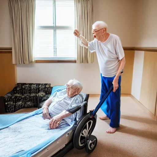 Image similar to elderly man with lightsaber in a nursing home, canon eos r 3, f / 1. 4, iso 2 0 0, 1 / 1 6 0 s, 8 k, raw, unedited, symmetrical balance, wide angle