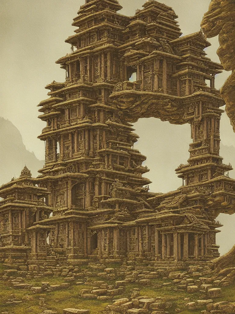 Prompt: mysterious ancient dieties hovering over magical temple, highly detailed by ernst steiner