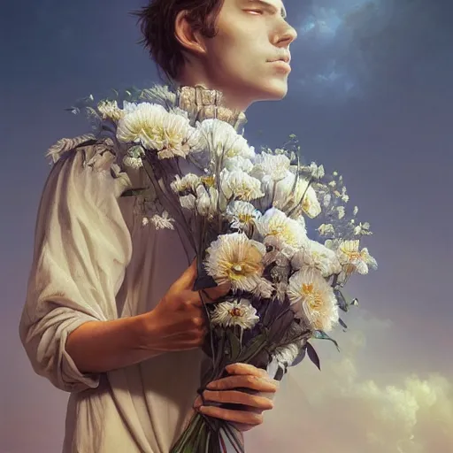 Prompt: portrait of god, holding a bouquet of flowers ， exude an eternity ， hyperrealistic, by beeple, greg rutkowski, caspar david friedrich, smooth, illustration, elegant, artstation, digital painting.