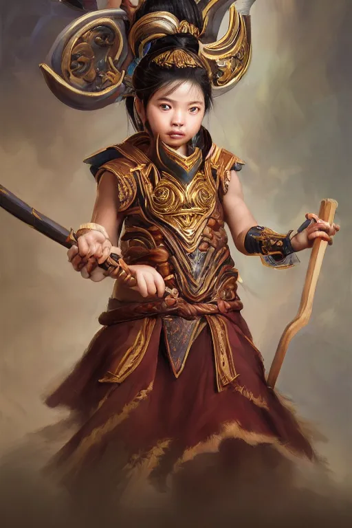 Image similar to a masterpiece portrait of nezha, handsome kid wear holding spear, fantasy character portrait, hyper detailed, digital painting, 8 k realistic, trending on artstation, sharp focus, dof, by ne zha ( 2 0 1 9 ), fenghua zhong, artgerm, ne zha from smite, tsuyoshi nagano, top lighting