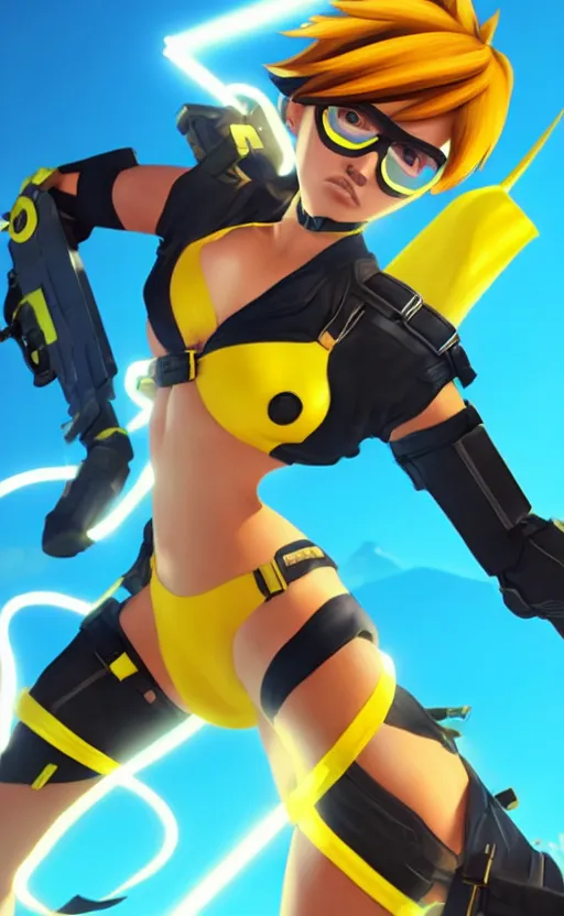 Image similar to tracer game character, in yellow bikini, blonde hair, black eyes, full height
