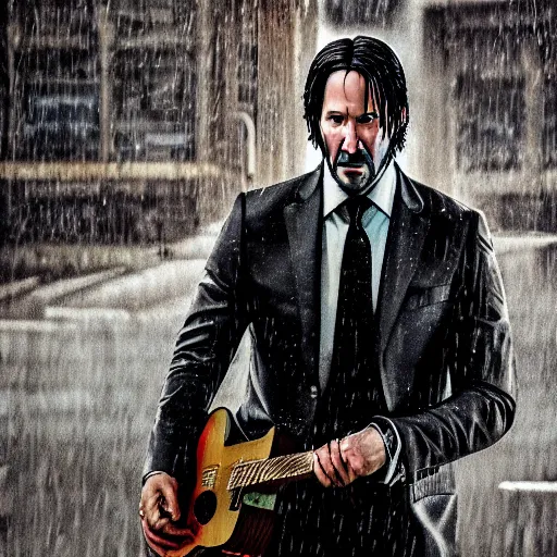 Image similar to john wick playing a guitar in the rain photorealistic realistic dramatic cinematic photography