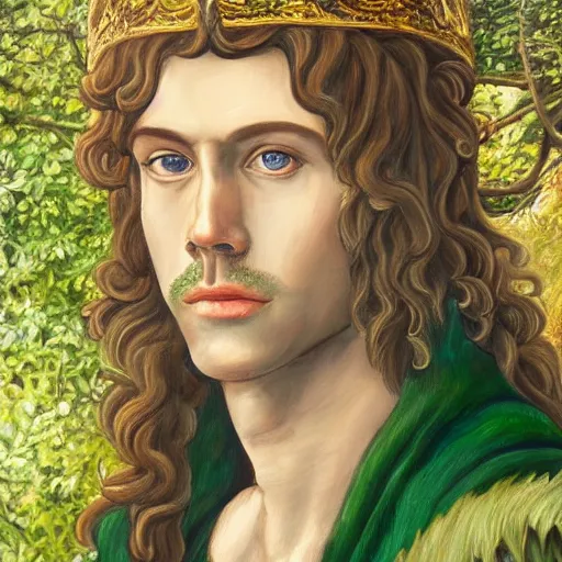 Prompt: Portrait of an elven king in a lush forest. Oil painting in the style of Botticelli. Fantasy art. 4k.