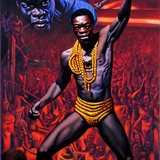 Image similar to fela kuti by clyde caldwell, very detailed, low contrast, dark background, 4 k