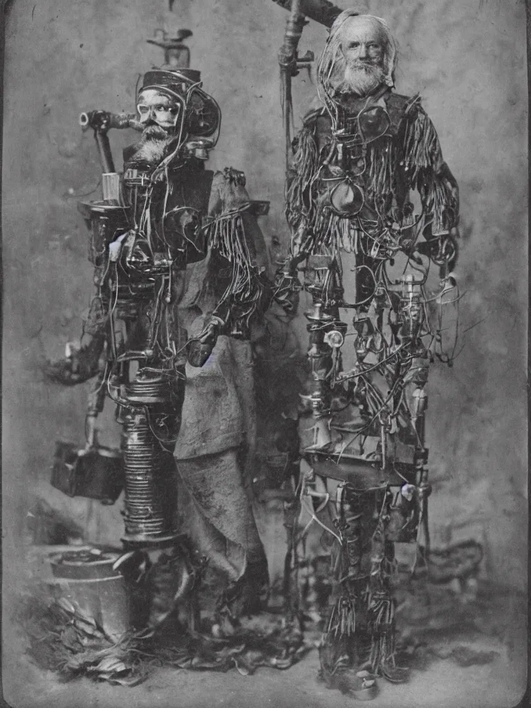 Prompt: an analog 4 x 5 camera portrait photography of a 1 8 9 0 s robot dressed as an alaskan miner, grizzled, old, commanding, dominant, cinematic, grey hair, metal engraving plate tin type photography, hq, detailed, realistic