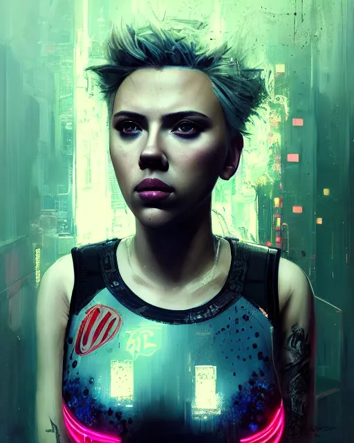 Image similar to detailed portrait Scarlett Johansson, cyberpunk futuristic neon, reflective crop top and shorts, boxing gloves, decorated with traditional Japanese ornaments by Ismail inceoglu dragan bibin hans thoma greg rutkowski Alexandros Pyromallis Nekro Rene Maritte Illustrated, Perfect face, fine details, realistic shaded, fine-face, pretty face