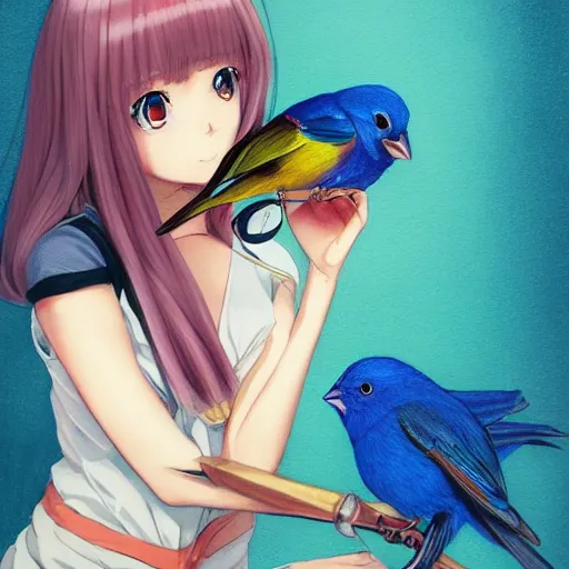 Image similar to colored pencil, anime art, beautiful full body female pinup girl, she is holding an indigo bunting bird, in her hand, the bird is wearing a bowtie, wlop, rossdraws sakimimichan, ilya kuvshinov, krenz cushart, greg rutkowski