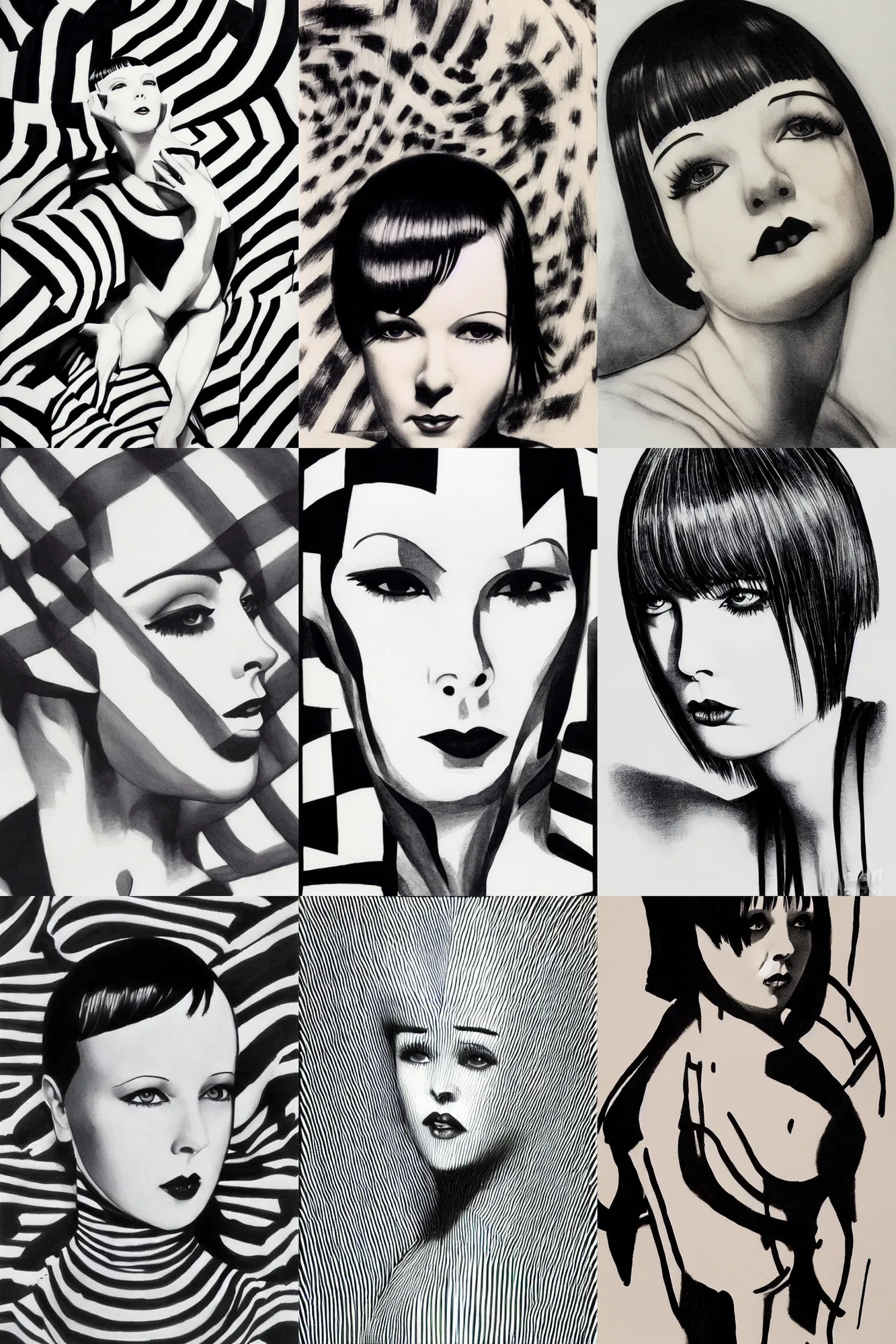 Prompt: ink drawing of mary louise brooks by stanley artgerm, op art, stripe pattern