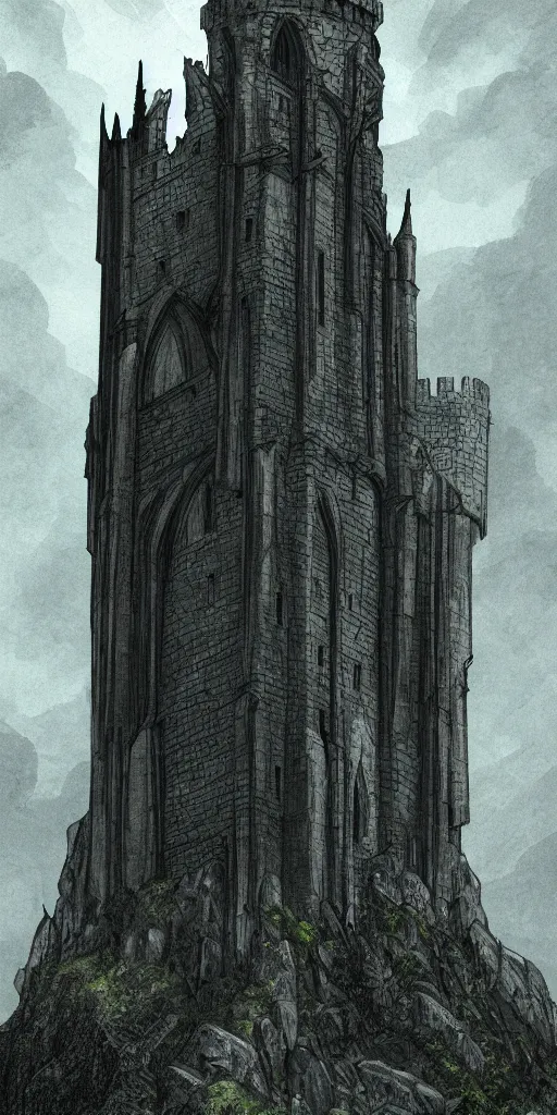 Prompt: lord of the rings tall medieval tower of dark stone on a castle on a hill. stone ruins at the bottom. a dark forest around. illustration on artstation