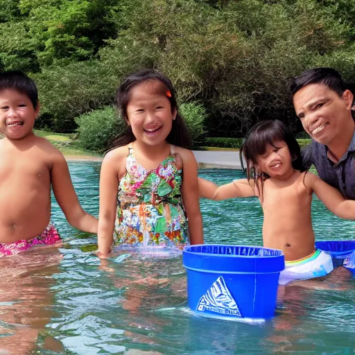 Prompt: marcos family swimming in garbage